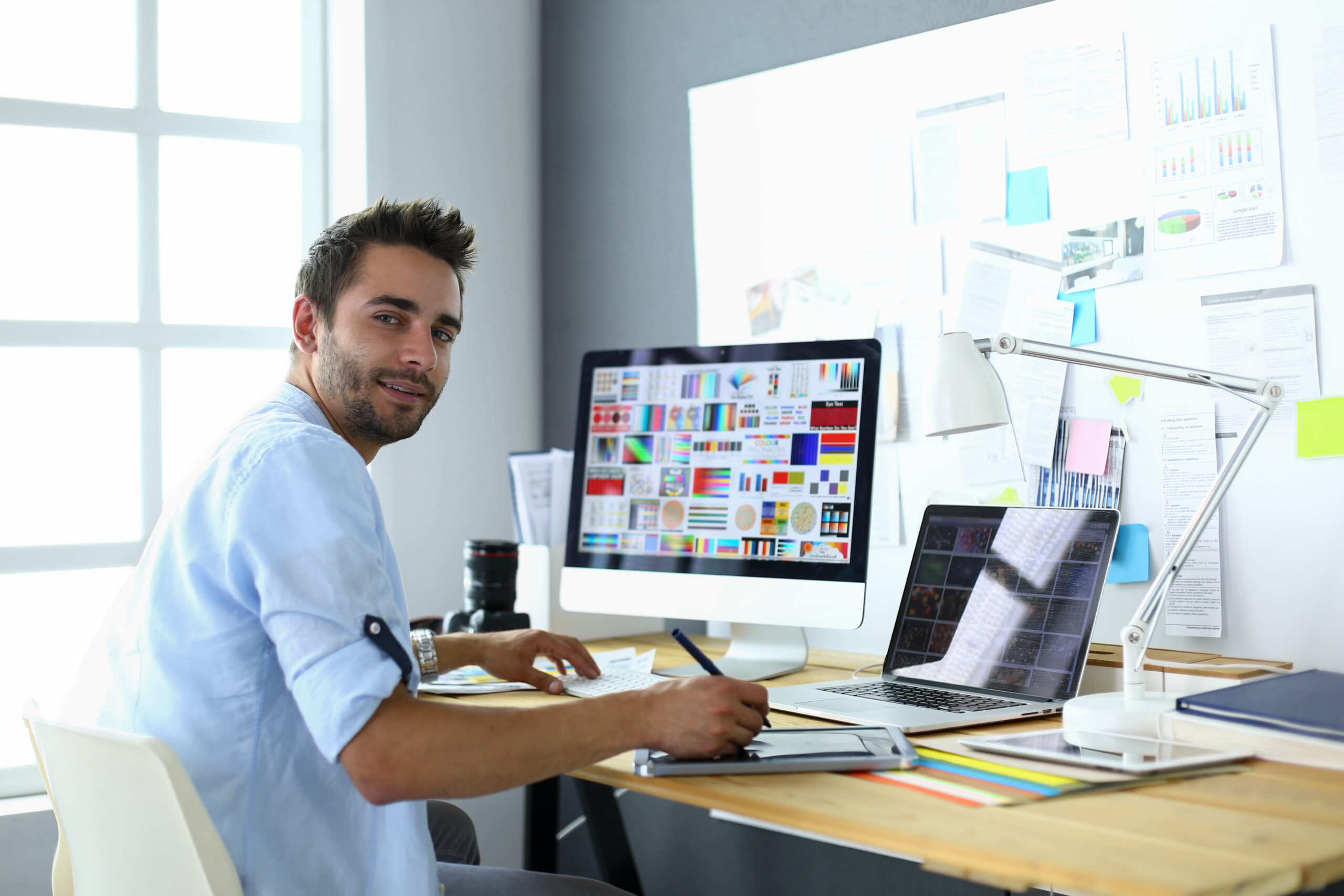 Portrait Young Designer Sitting Graphic Studio Front Laptop Computer While Working Online Scaled