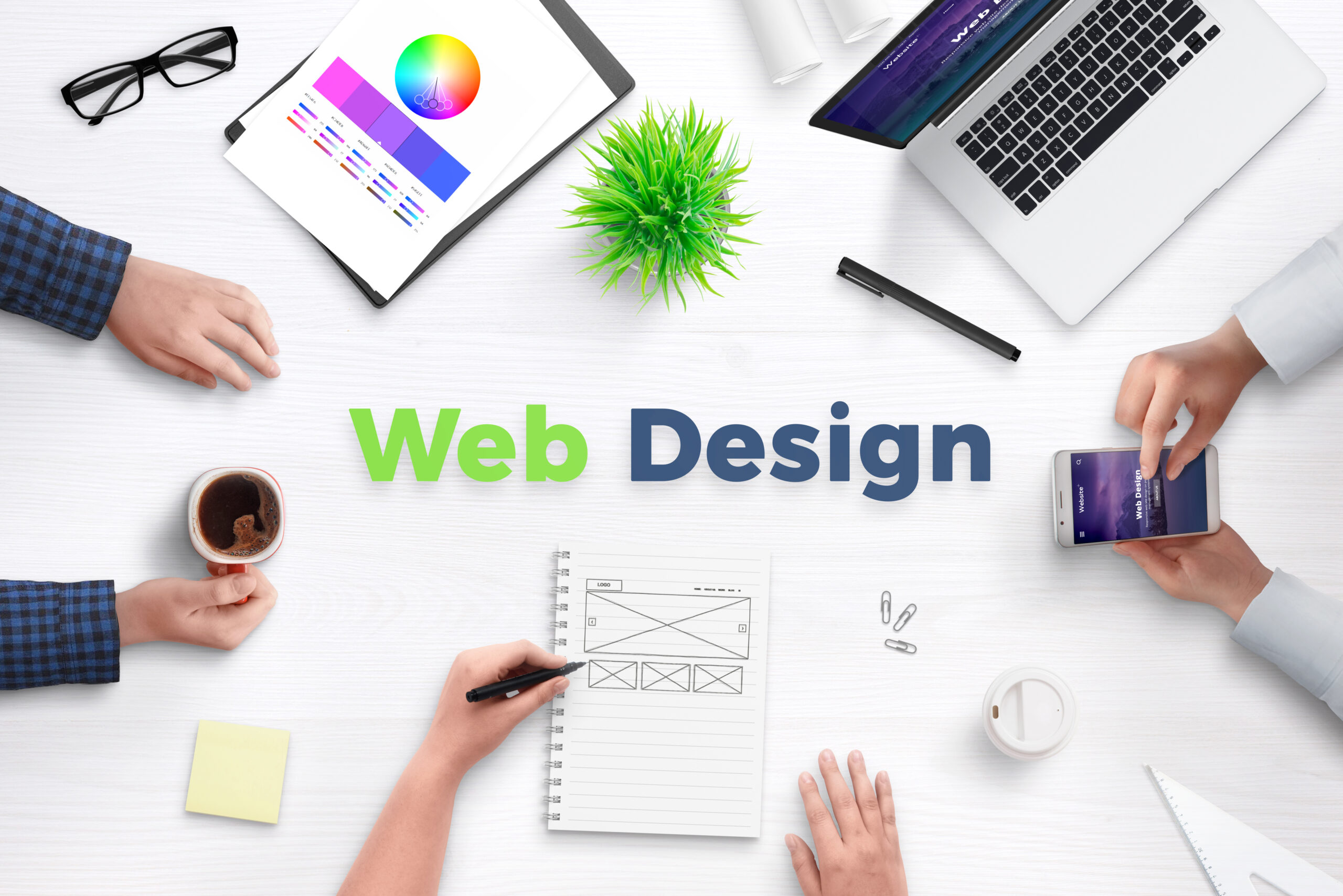 Web Design Text Work Desk Surrounded With Web Development Team Devices Projects Ideas Paper Concept Team Meeting Scaled